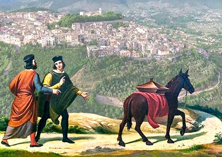 Immagine pittorica raffigurante la scena della mula con le reliquie di San sisto I sul dorso, in direzione di Alatri. Vista di Alatri sullo sfondo.