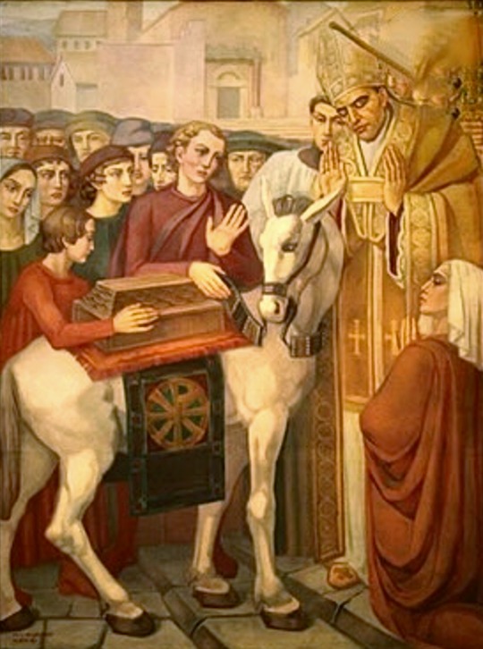 Quadro di Eugenio Cisterna del 1932. Raffigurazione pittorica della leggenda della mula che trasporta sul dorso le reliquie del Papa Sisto I, accolta dal Vescovo di Alatri.