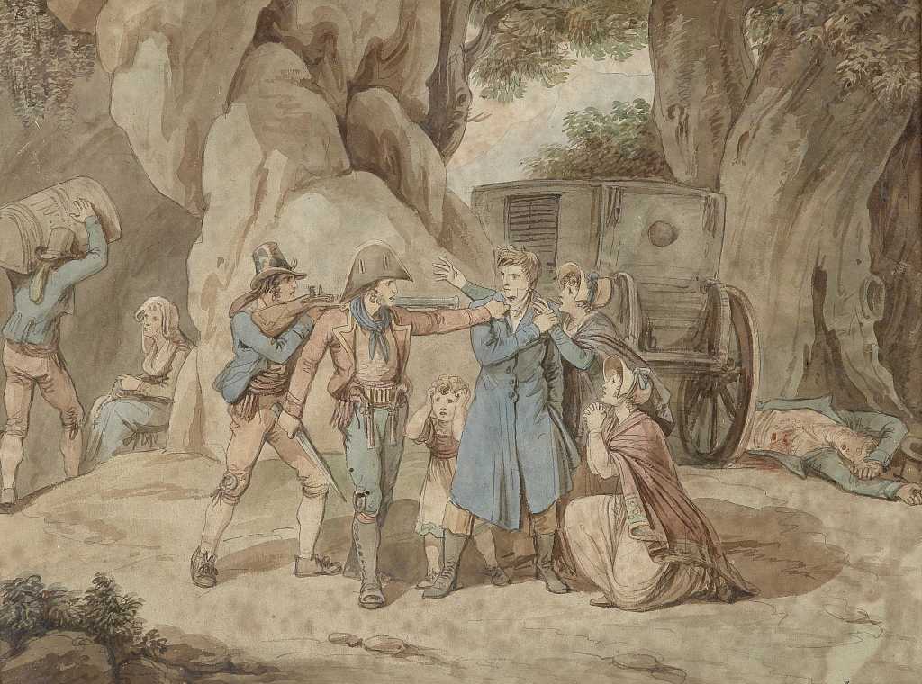 Dipinto raffigurante alcuni briganti nell'atto di assalire un gruppo di viandanti. Nell'Ottocento numerosi briganti assalivano i viandanti nei luoghi attraversati oggi dal Sentiero dei Briganti, nell'Alta Tuscia.