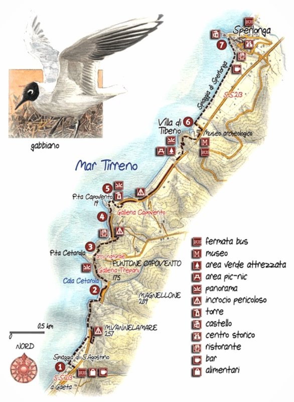 Antica via Flacca, mappa del percorso di trekking tra Gaeta e Sperlonga.