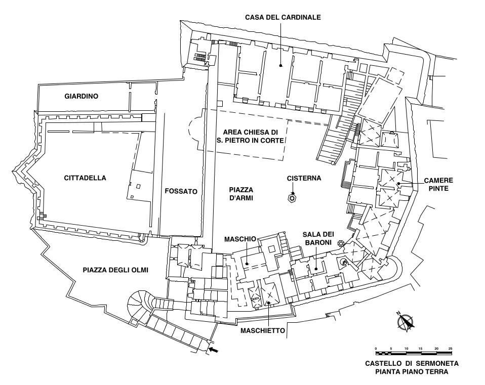 Castello Caetani di Sermoneta, pianta del pian terreno, con l'indicazione delle strutture che compongono il complesso architettonico