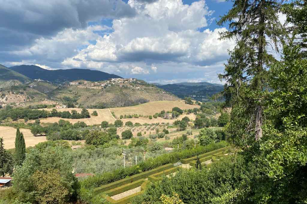 Paesaggio tipico della Sabina, caratterizzato da dolci colline, verdi vallate e montagne boscose, territorio propizio per l'olivicoltura. Vista della valle su cui si affaccia Castelnuovo di Farfa.