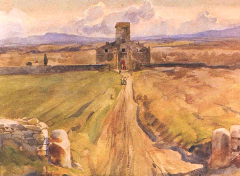 Il Casale del Barco, nella Tenuta del Barco del Cardinale Ippolito d'Este, a Nord della Cava del Barco, in un dipinto di fine Ottocento di Onorato Carlandi