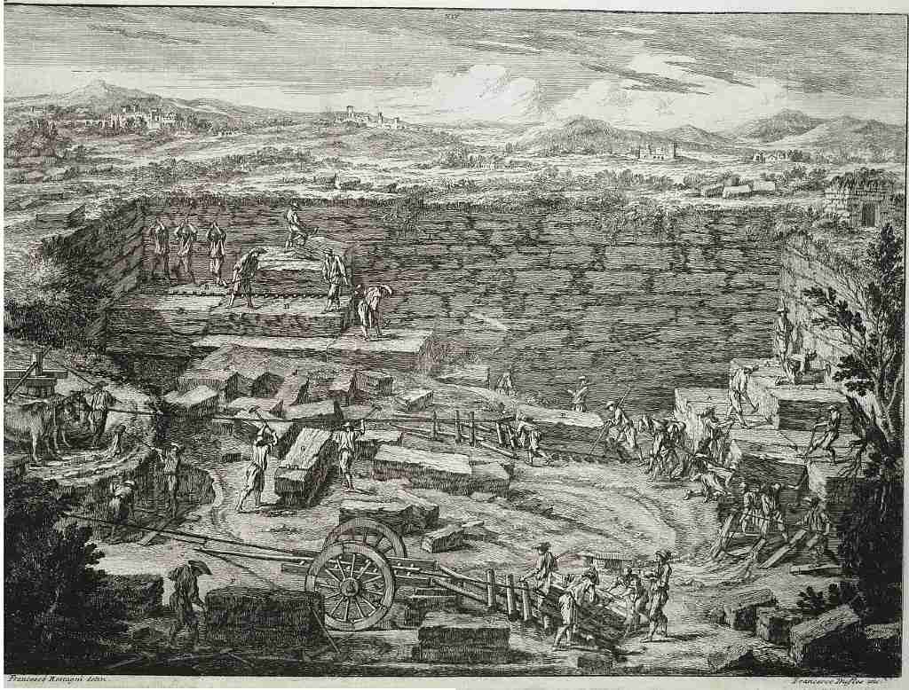 Stampa del 1743 raffigurante la tecnica di estrazione dei blocchi di travertino da una cava